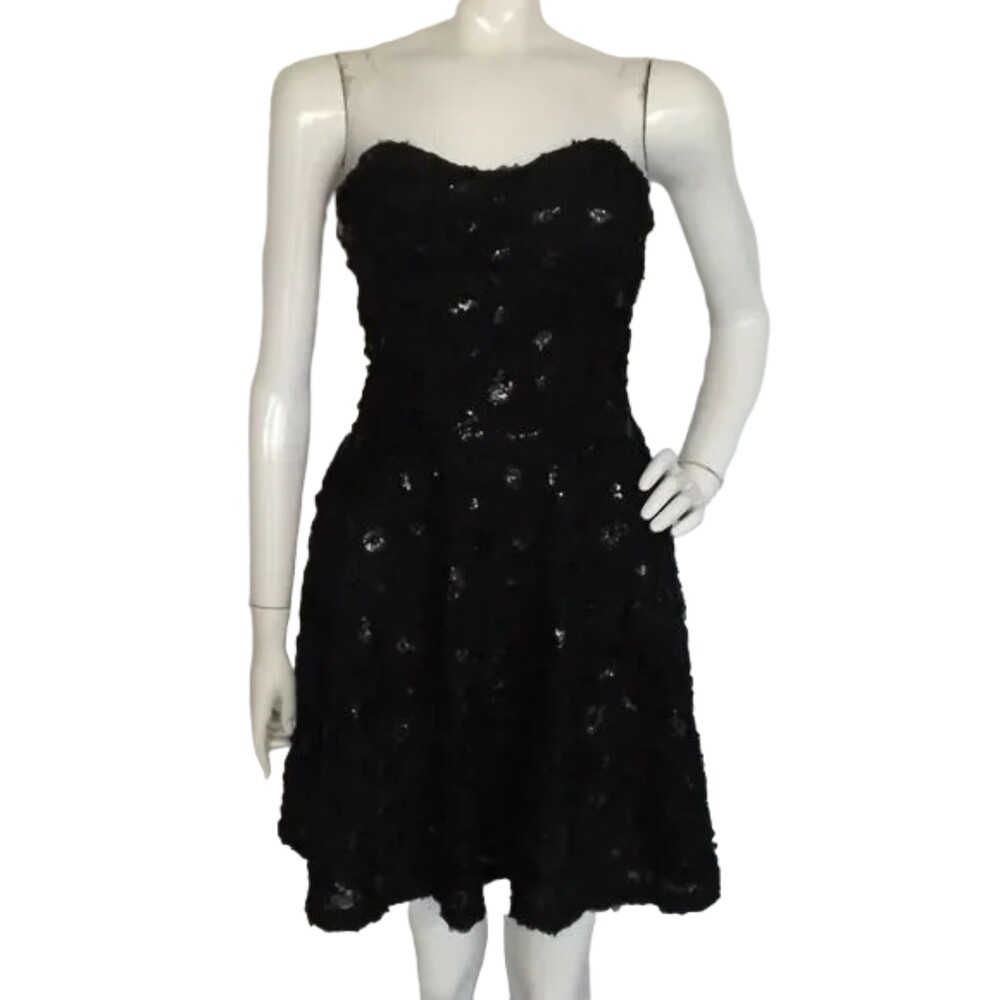 BEBE Cocktail Dress, 8/FL XS, Mini F&F, Black Rosettes, Sequins, Strapless, Part